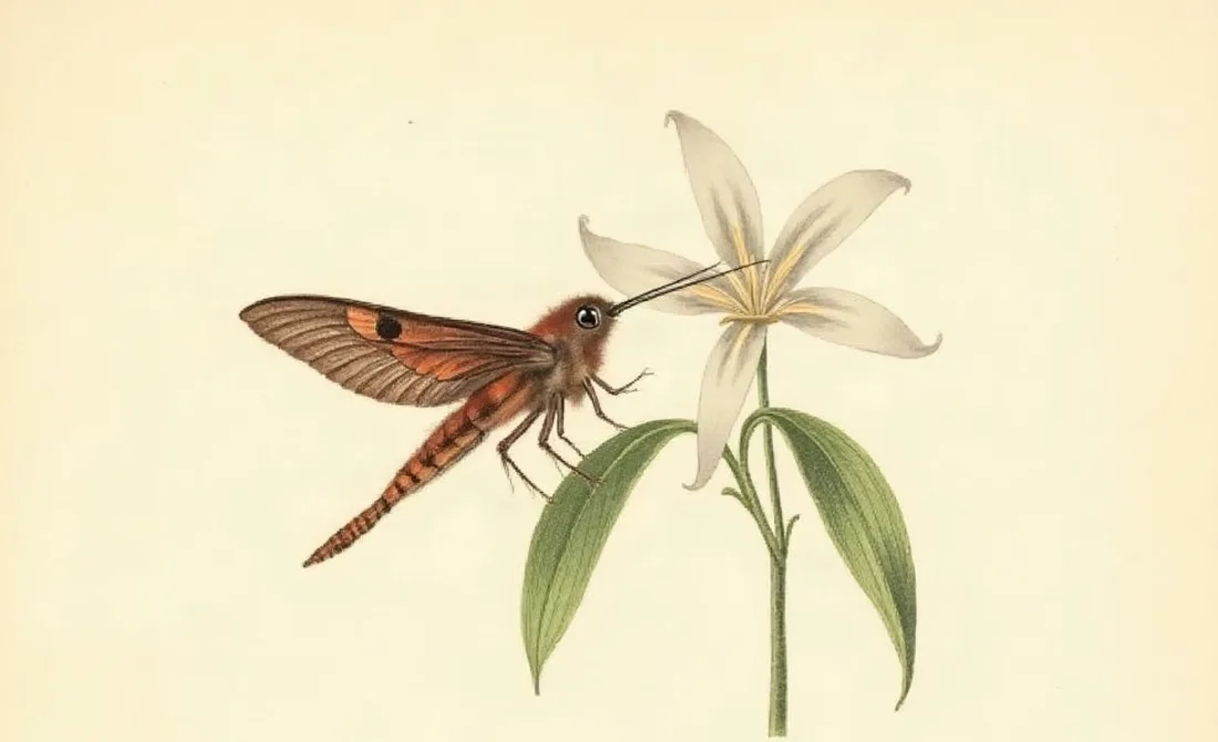 Tavola naturalistica: Sfinge dalla lunga spirotromba su un'orchidea bianca.