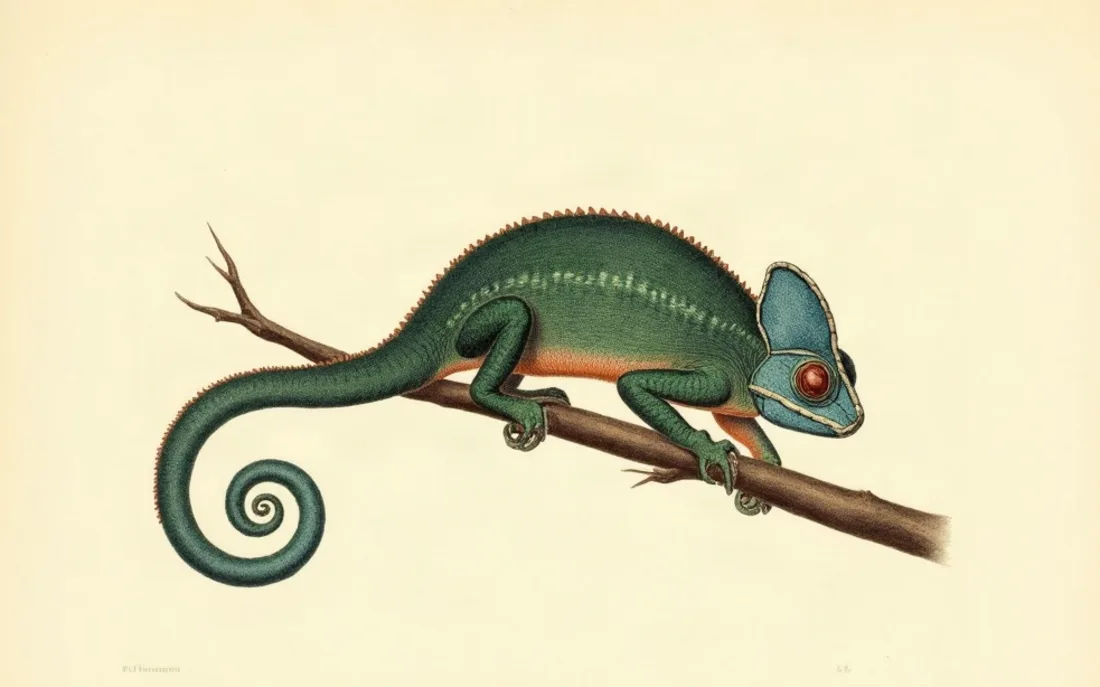 Tavola naturalistica: Camaleonte su un ramo.