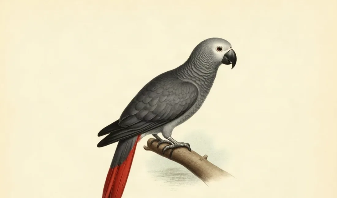 Tavola naturalistica: Pappagallo cenerino su un posatoio.