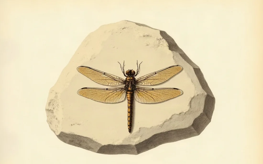 Tavola naturalistica: Libellula fossile in una lastra di calcare.