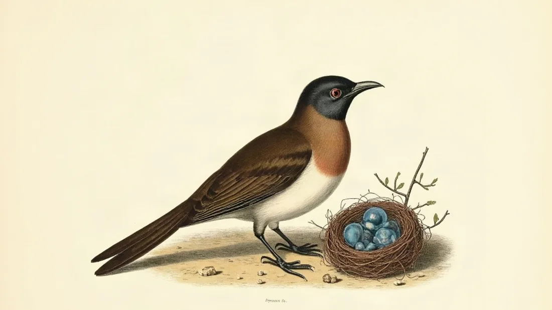 Tavola naturalistica: Uccello accanto al nido con uova azzurre.
