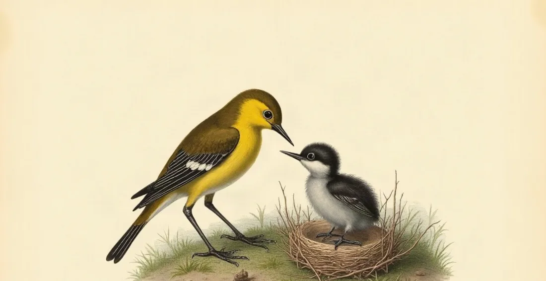 Tavola naturalistica: Un passeriforme imbecca un pulcino più grande di lui nel nido.