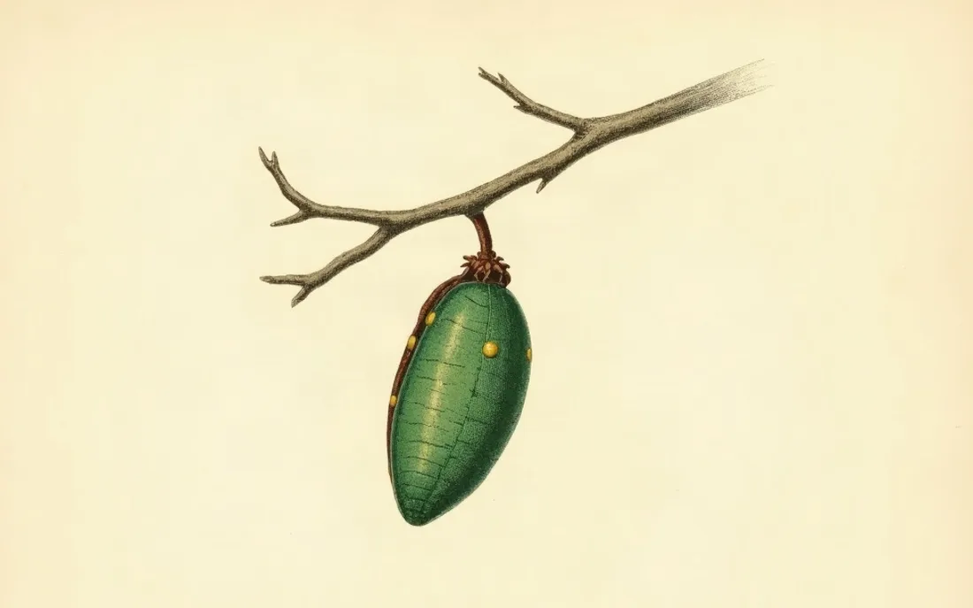 Tavola naturalistica: Crisalide verde appesa a un rametto.