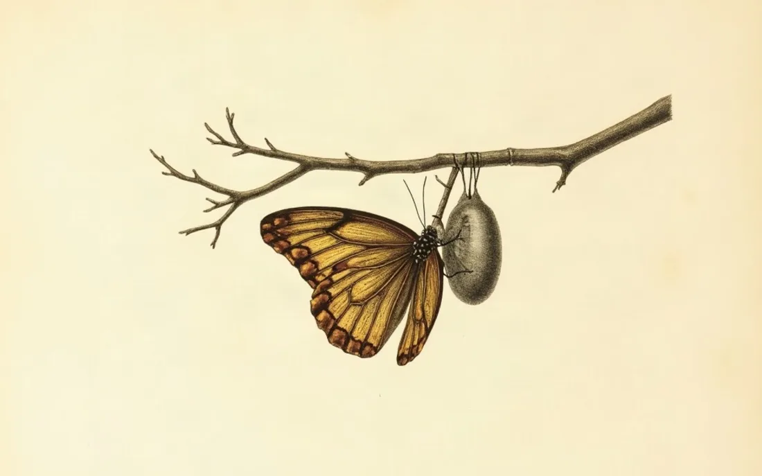 Tavola naturalistica: Farfalla appena uscita, aggrappata alla crisalide vuota.