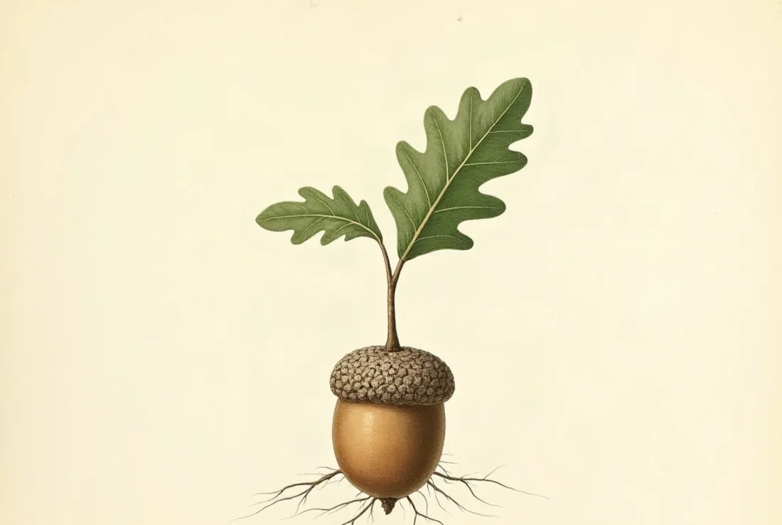 Tavola naturalistica: Ghianda germogliata con radici e prime foglie di quercia.