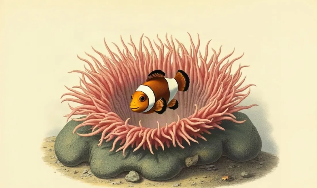 Tavola naturalistica: Pesce pagliaccio tra i tentacoli di un anemone.