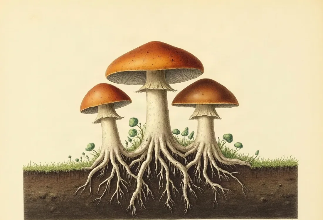 Tavola naturalistica: Funghi di bosco uniti sottoterra da micelio e radici.