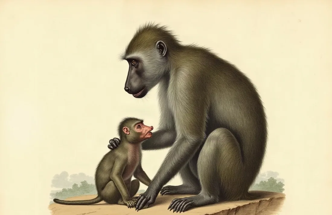 Tavola naturalistica: Madre babbuino con il piccolo.
