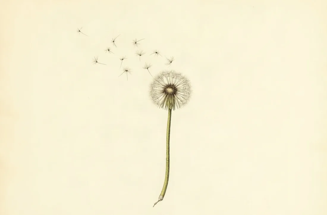 Tavola naturalistica: Soffione di tarassaco con i semi che volano via.