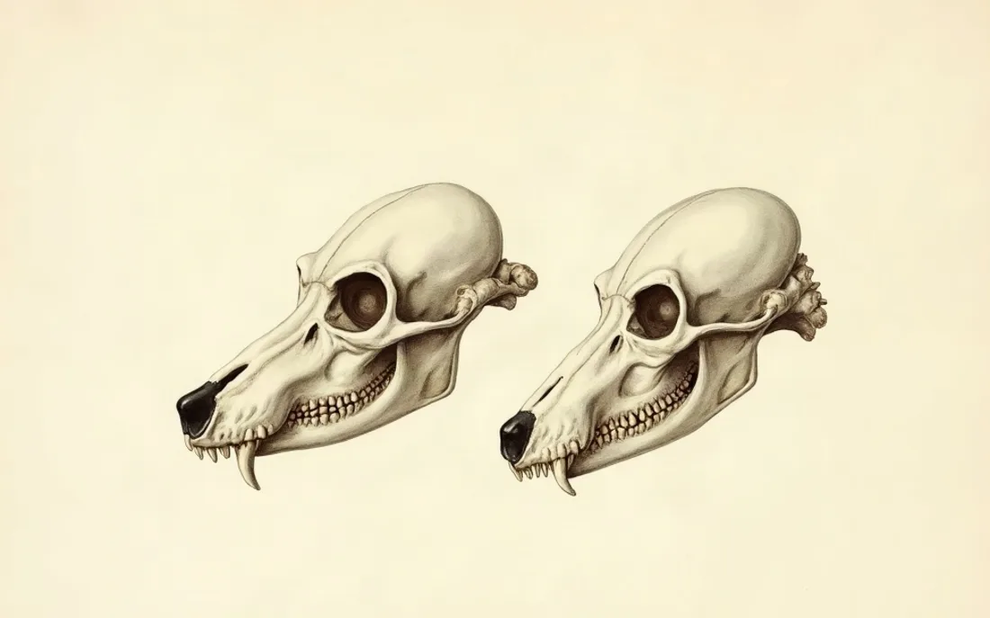 Tavola naturalistica: Crani di lupo e di cane a confronto.