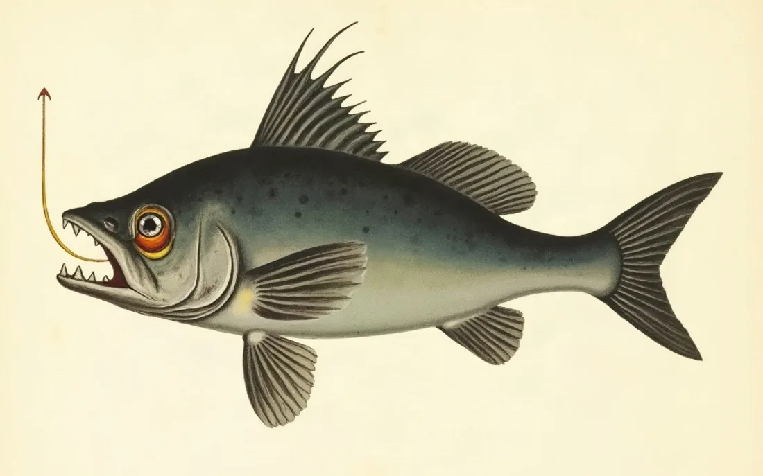 Tavola naturalistica: Pesce predatore con un'esca davanti alla bocca.