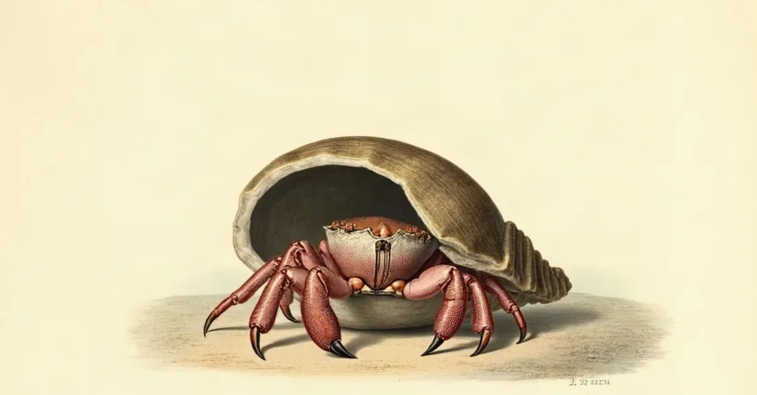 Tavola naturalistica: Paguro che si ritira nella conchiglia.